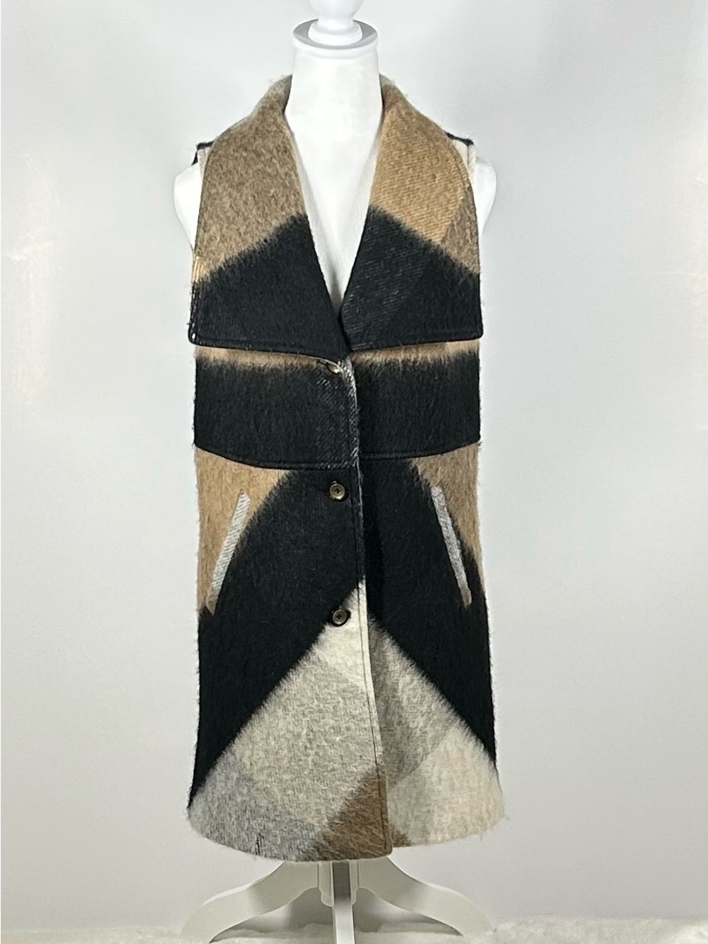 • Anthropologie Elevenses Wool Blend Geometric Plaid Patchwork Long Vest XS
